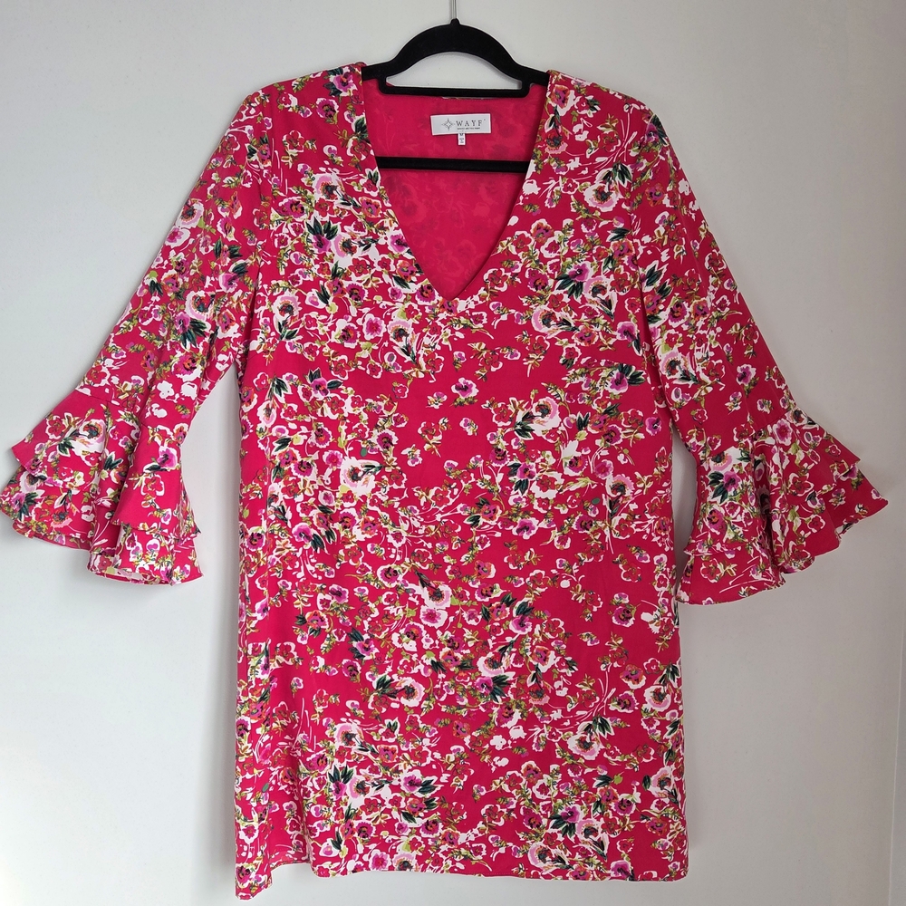 Wayf Hibiscus Pink Floral Bell Sleeve Babydoll Deep V-Neck Mini Dress Size M